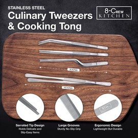 8-CREW KITCHEN Chef Tweezers - 3 Stainless Steel 8” Culinary Tweezers for Plating, Bar and Multi-Purpose with a 10” 304 S/S Tweezer for Cooking