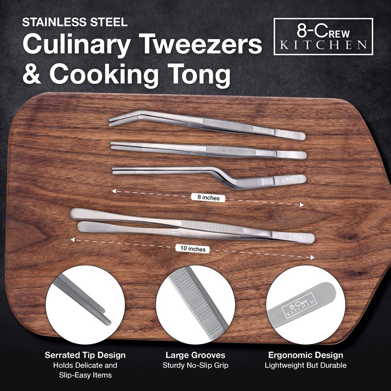 8-CREW KITCHEN Chef Tweezers - 3 Stainless Steel 8” Culinary