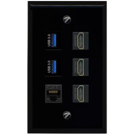 RiteAV 3 Port HD 2 Port USB 3.0 1 CAT6-RJ45 Wall Plate - Flat [Black/Black]