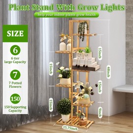 Dreyoo 48" Plant Stand with Grow Light, 6 Tier for 7 Pots, Plant Shelf Holder for Living Room or Patio, Boho Home Decor, Warm Light for Optimal Gardening(Wood Color)