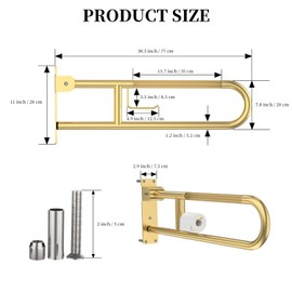 Toilet Grab Bar 30.3 Inch, YuanDe Flip Up Grab Bar with Paper Holder, Brushed Gold Anti-Slip Safety Bars for Toilet, Stainless Steel Knurled Toilet Handles for Seniors Disabled Elderly Pregnant