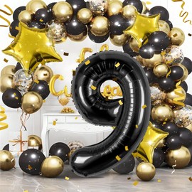 Partyhausy balloon Geburtstag zahlen Schwarz luftballon 9 jahre | Folienballon 9 -für Mädchen Junge Folienballon in 40"Geburtstagsdeko - Kindergeburtstag Ballon Zahl Deko zum Geburtstag - fliegt mit Helium