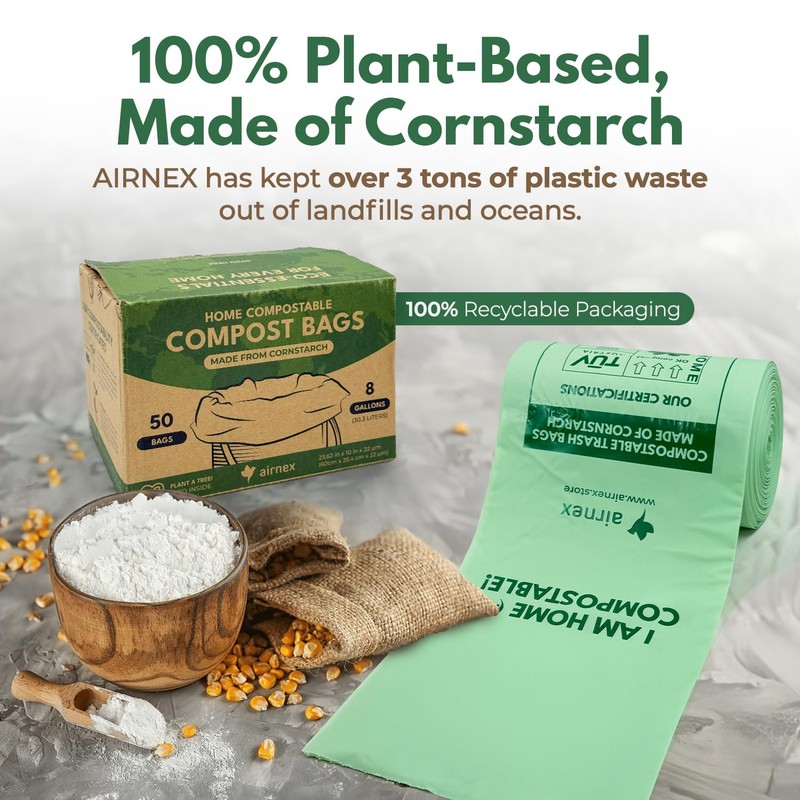AIRNEX Compostable Kitchen Trash Bags 8 Gal - Cornstrarch Leakproof