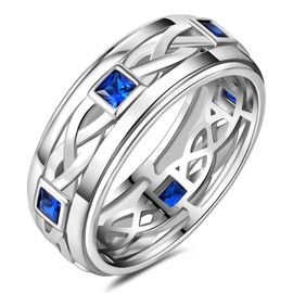 SweetJew Mens 925 Sterling Silver Wedding Band Pave Sapphire Princess Cut Blue Gemstone Engagement Ring For Him Size 7-14, Gemstone, Sapphire