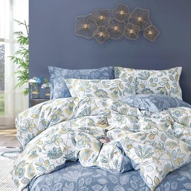 LEMIROE Vintage Botanical Cotton Comforter Queen Size 3PC - Lavish Floral on Bluish White with Frost Blue Back, Reversible Lightweight Comforter Set with Soft Fill(90"×90")