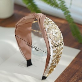Jaczora Vintage Floral Embroidered Headband, Wide Knot Design, Gold and Apricot, One Size