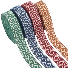 WEBEEDY 20 Yards Vintage Jacquard Decorative Ribbon 4 Colours Embroidered Woven Ribbon 2.5 cm Wide Rhombus Boho Fabric Fringe Lace for Clothing Sewing Crafts