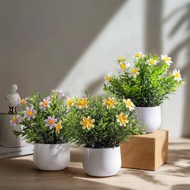 Yarmare 3 Pack Small Fake Plants Artificial Potted Flowers for Indoor Mini Faux Plants with Flowers Greenery for Home Decor Living Room Bathroom Bedroom Office Table Shelf (White+Yellow+Purple)