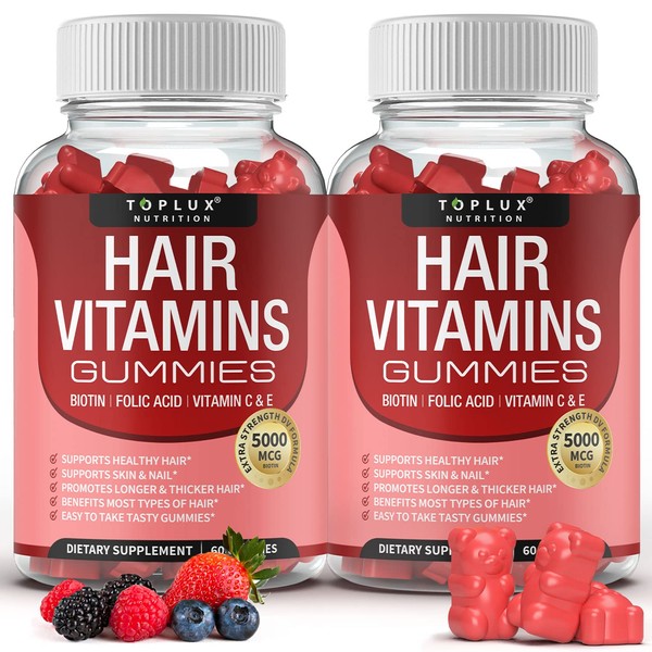 Hair Vitamins Gummies Supplement – Faster Hair Growth Gummy 5000mcg Biotin, Folic Acid, Vitamin C & E, Support Stronger & Thicker Hair, Skin, Nails, Non-GMO, for Men Women, 60 Berry Flavored Gummies