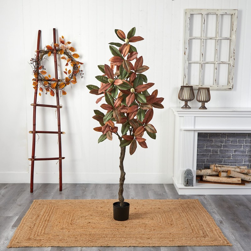 Nearly Natural 6ft. Fall Magnolia Artificial Tree, Brown, Plastic, Iron