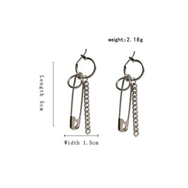 Safety Pin Chain Tassels Dangle Earrings Punk Silver Pin Dangle Earring with Hoop Jewelry for Men and Women (Silver)