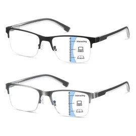 LKEYE Multifocus Reading Glasses Men Progressive Multifocal Blue Light Blocking Computer Reader Half Metal Frame Extra Wide No Line Multi Focus Large Designer Transition Spring Hinge Eyeglasses 2.00x