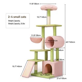 YITAHOME Tall Flower Cat Tree Tower with Detachable Perch, 65in Cute Cat Climbing Tower for Indoor Cats with Cat Condo, Basket, Tunnel, Sisal Scratching Posts and Board, Pink and Green