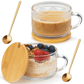 Vintage Glass Coffee Mugs Set of 2, Overnight Oats Containers with Bamboo Lids and Spoons - 14oz Clear Tea Cups for Cappuccino Latte Americano Cereal Yogurt Beverage