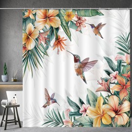 Aimego Hummingbird Floral Shower Curtain - Spring Summer Flower Bird Tropical Leaf Plant Watercolor Botanical Fabric Cloth Shower Curtain Set with 12 Hooks for Bathroom Decor Accessories, 72"x72"