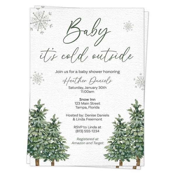 Baby It's Cold Outside Baby Shower Invitations Winter Invites Gender Neutral Unisex Trees Nature Green Snowflakes Snowfall Personalized Customized Custom Printed Cards (12 count)