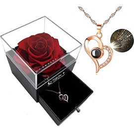 Sepper Rosa roja Real preservada con Collar “I Love You” en 100 Idiomas -Regalos para Mama, Esposa, Novia, Prometida, en el Aniversario de Navidad, Día de la Madre, Regalo de cumpleaños para Mujeres (Caja y Collar)