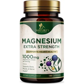 Nature's Nutrition Suplemento mineral de magnesio 1000 mg - Citrato de magnesio de alta potencia para la salud de los huesos, el corazón, los nervios y los músculos, complejo de magnesio de la natura