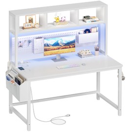 White Computer Desk with Hutch and Pegboard - Computer Desk with Power Outlets, 47 Inch Modern Study Teen Desk with Pegboard Storage Bag, Hooks and Side Bag,Writing Desk for Bedroom Home Office