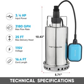 Tenzzola Sump Pump, 3/4 HP 3180GPH Submersible Utility Water Pump, Stainless Steel Portable Electric Water Removal Transfer Pump with 16.4FT Cord for Swimming Pool Basement Garden Pond Tubs Draining