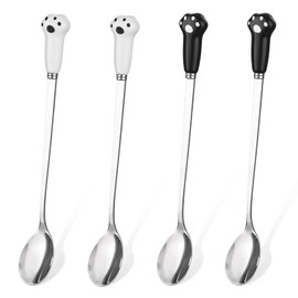 Qianyu 4 PCS Dog Food Scoop Cute Pet Can Spoon Stainless Steel Wet Cat Food Storage Long Handle Claw Ladle Portable Small Feeder Scoop for Dog Cat Feed Canned (White Black)