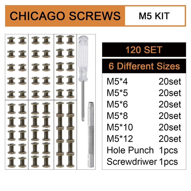 120Sets Chicago Screws, 6 Sizes Leather Rivets Assorted Kit, Chicago