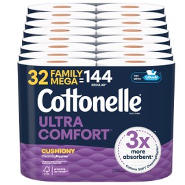 Cottonelle Ultra Comfort Toilet Paper with Cushiony CleaningRipples Texture, 32 Family Mega Rolls = 144 Regular Rolls (8 Packs of 4)