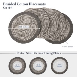 The Fine Living Co. Braided Cotton Placemats (Set of 6, 13.5 Inches), Washable Anti-Slip Heat Resistant Mats, Boho Woven Round Table Mats for Summer Table Decor, Kitchen and Dining