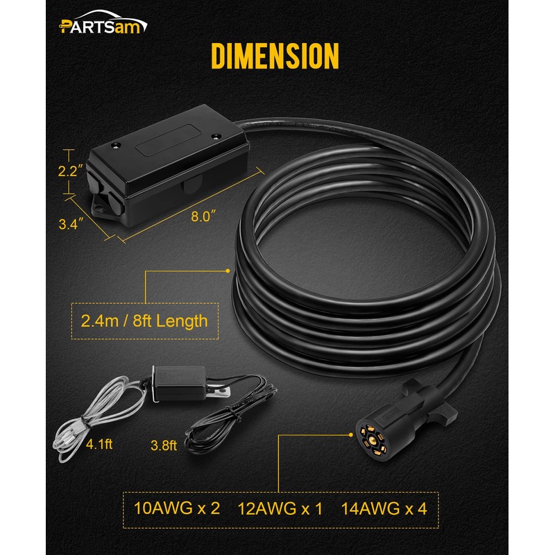 PARTSam 7 Way Trailer Wiring Harness Kit 8ft Trailer Cord