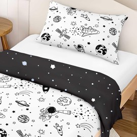 Highdi Single Duvet Cover Set Space Printed, White and Black Space Star Printed Single Bedding Set with 1 Pillow Case, Reversible 2 Side Kids Duvet Cover -135 x 200cm