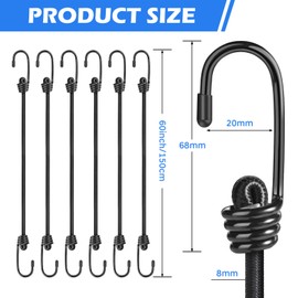 Kshineni 60 inch(150cm) Bungee Cords with Hooks, 6 Pcs Heavy Duty Outdoor Elastic Bungee Straps, Multi-Purpose Bungee Rope for Luggage, Camping, Tarps, Bike Rack, Kayaking（Black）