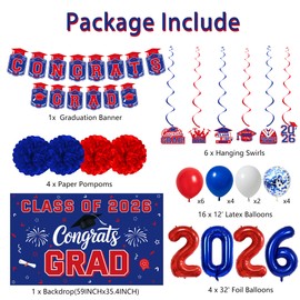 Vlipoeasn Red and Blue 2026 Graduation Party Decorations Set, 2026 College/High School Graduation Decorations Party Supplies, Class of 2026 Red and Blue Congrats Grad Backdrop Banner