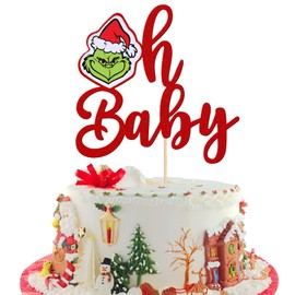 1 decoración para tartas de Grinch Oh Baby con purpurina para baby shower, Navidad, decoración para tartas de Navidad, recién nacido, baby shower, niños, fiesta de cumpleaños, suministros para decoración de pasteles, color rojo