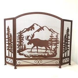 Moose Country Woodland Scenic Heavy Brown Metal 3-Panel Decorative Fireplace Screen