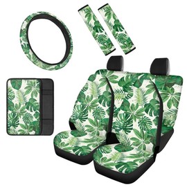 Uskorhein Monstera Frond Tropical Botanical Seat Cover Full Set 7 Pcs Car Hawaiian Plant Pattern Accessories for Women Steering Wheel Cover Set,Seat Belt Cover
