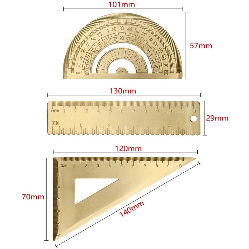 3Pcs Brass Ruler Set Math Geometry Tools Architect Scale Ruler