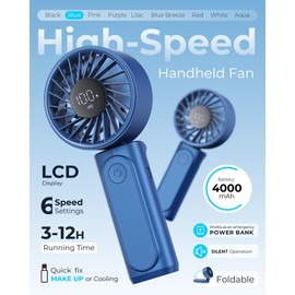 Handheld Fan, Portable Fan, 4000mAh Rechargeable Personal Fan, 180° Foldable Mini Desk Fan with 6 Wind Speed, LCD Digital Display, Lanyard as Neck Fan, Ultra Quiet, Pocket Size for Indoor Outdoor