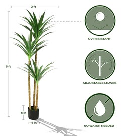 5ft Tall, Artificial, Real Touch, Dracaena Tree by Vard Home - Indoor and Outdoor, UV Resistant, Faux Plant with Adjustable, Hyper Realictic Leaves and Trunk Details - 1 Pack