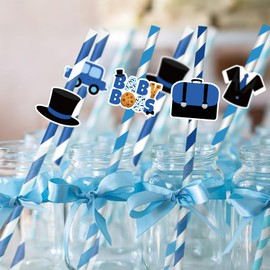 50Pcs Boss Paper Straws for Drinking, Boss Boy Baby Theme Party Favors Happy Bossday Straws Blue Black Double Printed for Baby Boy Boss Baby Shower 1st Birthday Gender Reveal Party Favors Supplies