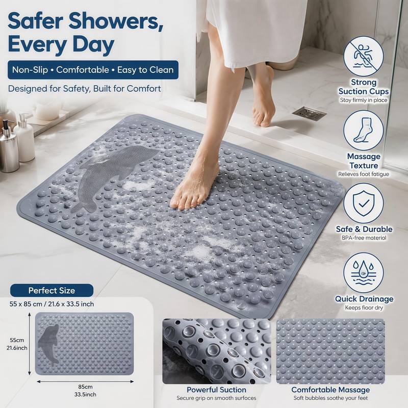 21.6"x33.5" Non Slip Shower Mat with Suction Cups, Drain Holes