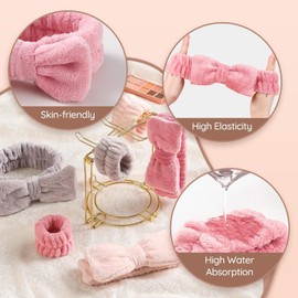Cozy Manor Skincare Headband Spa Headband for Women Cute head band for washing face Soft Elastic 6 Pack Skin Care Headband and Wristband Set (han pink)
