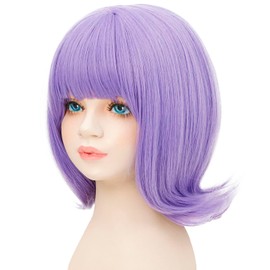 Kid Girls Light Purple Flip Out Bob Wig with Bangs, Short Straight Synthetic Vintage 60s Costume Wig Heat Resistant Halloween Cosplay Party Dress Up