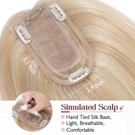 Elailite Hair Toppers for Women Real Human Hair Topper Thinning Thin 5.1"x2.8" Silk Base Clip in Remy Hairpieces 18 Inch Sandy Blonde mix Bleach Blonde