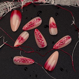 24Pcs Halloween Press on Nails Medium Almond False Nails 3D Wound Design Fake Nails Blood Press on Nails Horror Acrylic Nails Stick on Nails for Women Girls Halloween Party Parade Nail Art Decor