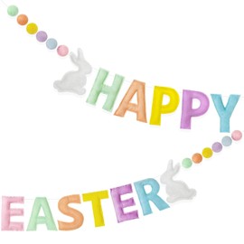 Decoraciones de Pascua preencordadas de fieltro en colores pastel, letrero de conejo de Pascua, guirnalda de bolas de fieltro de lana para feliz Pascua, primavera, guardería, aula, decoración de pared