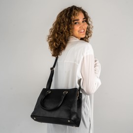 Handbag Women Black - Expatrié "Julie" Womens Satchel Bag made from Vegan Leather - Small PU Leather Shoulder Tote Purse Bag with top Handle - Fashionable Saffiano Look Bag with many Compartments