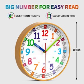 ITOOZYNN Silent Kids Wall Clock,Telling Time Teaching Clock for Kids, 10 Inch Non-Ticking Battery Operated Colorful Clock for Kids Room,Play Room,School Classroom. (Wood Grain, 10 Inch)