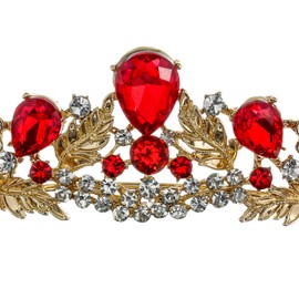 SAMKY Gold Bride's Red Crystal Crown Retro Wedding Tiara Elegant Bridal Headpieces for Woman