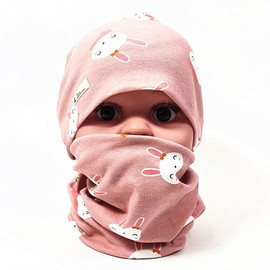FUYAO Baby Kids Cotton Hat and Tube Scarf Set Children Toddler Spring Autumn Winter Warm Beanie Cap Scarves for Boys and Girls (Rabbit Pink, 6-24 Months)