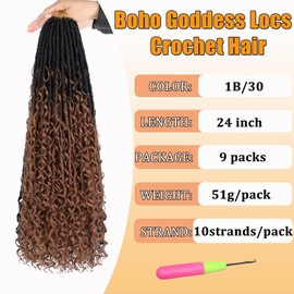 ZRQ 9 Packs Boho Faux Locs Crochet Hair 24 Inch Bohemian River Locs Crochet Hair Pre-looped Goddess Soft Locs Hair with Curly Ends for Black Women (24Inch, 1B/30#)